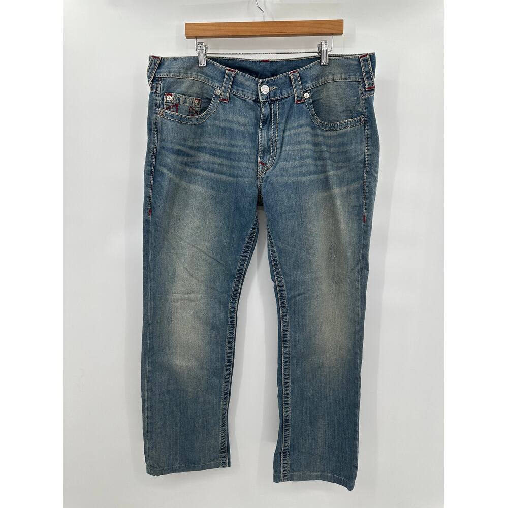 True Religion Jeans Men 40x30 Blue Medium Wash Straight Flap Red Y2K Denim